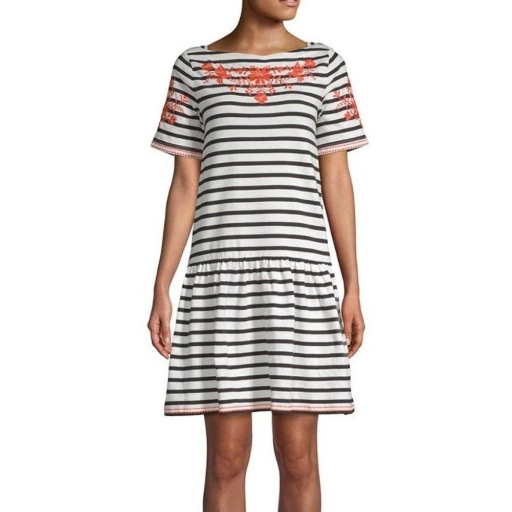 Kate Spade Broome Street‎ Dress L White Black Stripe Floral Embroidered Preppy
